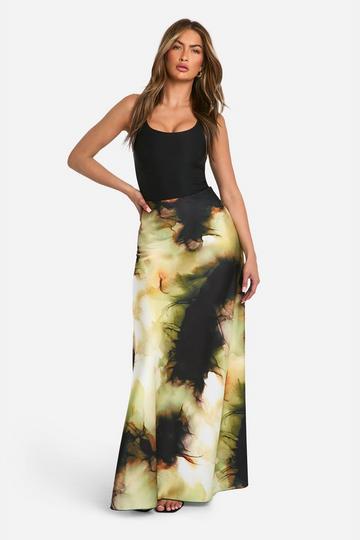 Blurred Tonal Tie Dye Satin Bias Maxi Skirt khaki