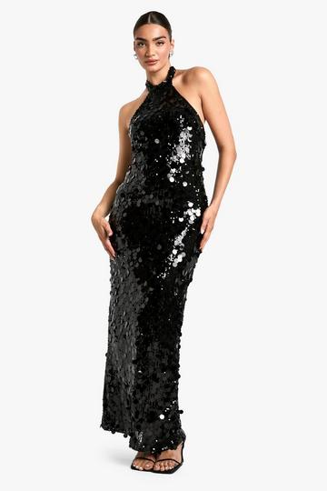 Black Disc Sequin Halterneck Maxi Dress