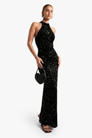 Fluwelen Glitter Halter Maxi Jurk Met Pailletten black