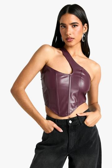 Pu Asymmetric One Shoulder Boned Corset Top plum