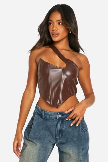 Pu Asymmetric One Shoulder Boned Corset Top chocolate