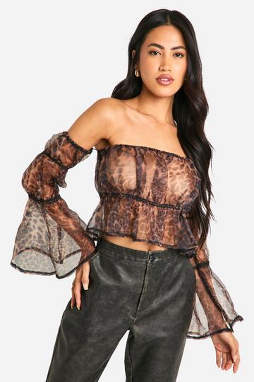 Gesmokte Organza Luipaardprint Crop Top Met Uitgesneden Hals leopard