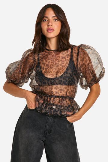 Multi Organza Leopard Print Tie Back Puff Sleeve Top