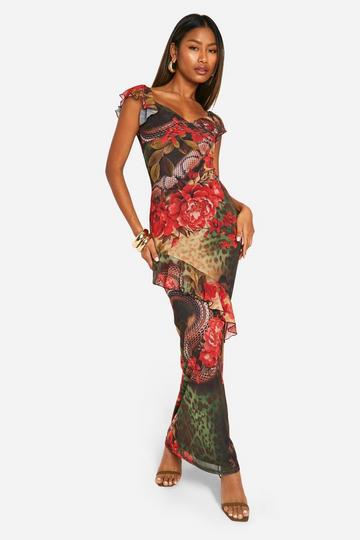 Multi Mixed Leopard Mesh Ruffle Maxi Dress