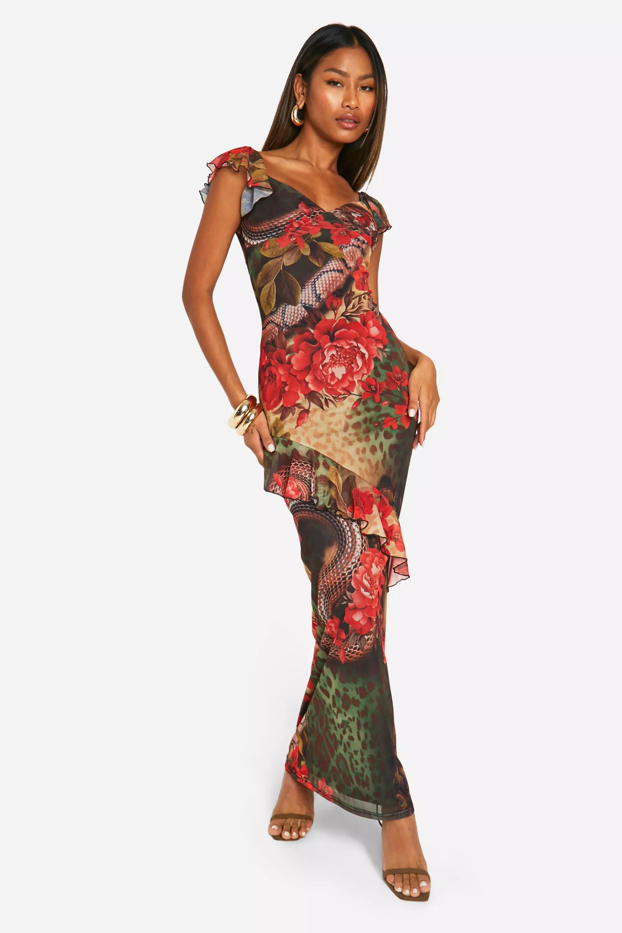 Mixed Leopard Mesh Ruffle Maxi Dress alternative image