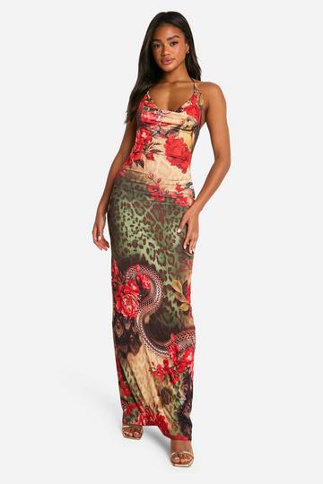 Strakke Luipaardprint Bloemenprint Maxi Jurk Met Waterval Hals multi