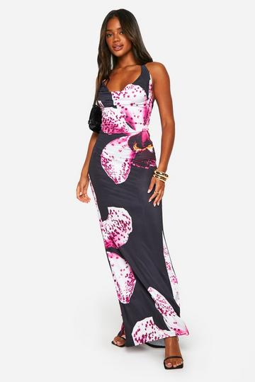 Strakke Bloemen Maxi Jurk Met Waterval Hals black