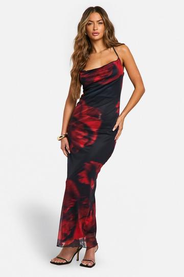 Mesh Bloemen Maxi Jurk Met Waterval Hals black