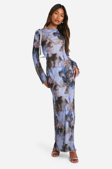 Blue Sheer Scoop Back Abstract Maxi Dress