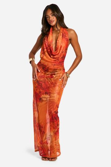 Orange Floral Mesh Extreme Cowl Neck Maxi Dress