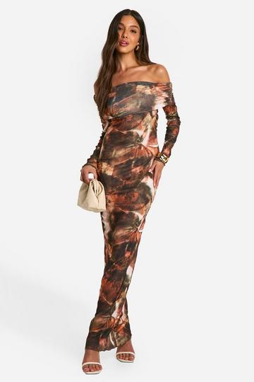 Abstract Off The Shoulder Maxi Dress khaki