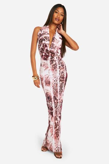 Luipaardprint Maxi Jurk Met Geplooide Zoom En Hals Strik multi