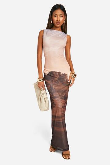 Printed Mesh Slash Neck Tank Column Maxi Dress brown