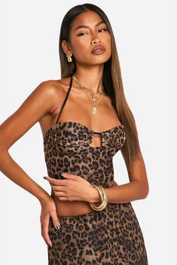 Multi Leopard Print Mesh Ruched Cup Halterneck Corset