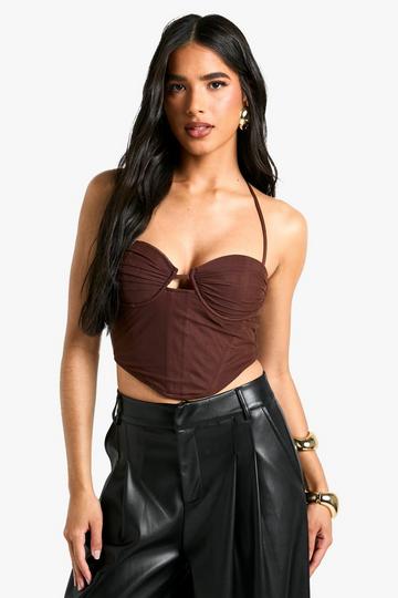 Mesh Ruched Cup Halterneck Corset chocolate