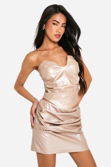 Stone Beige Pu Ruched Mini Skirt