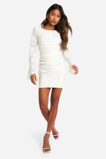 Jacquard Floral Flare Sleeve Mini Dress ivory