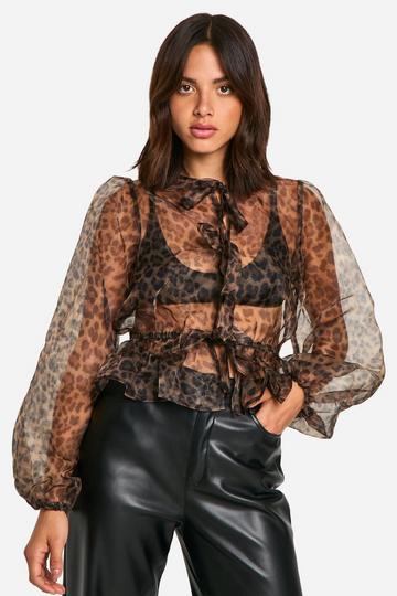 Multi Organza Leopard Print Tie Front Puff Long Sleeve Top