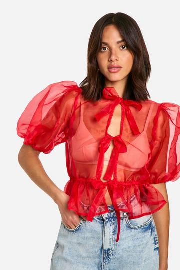 Organza Tie Front Puff Sleeve Top red