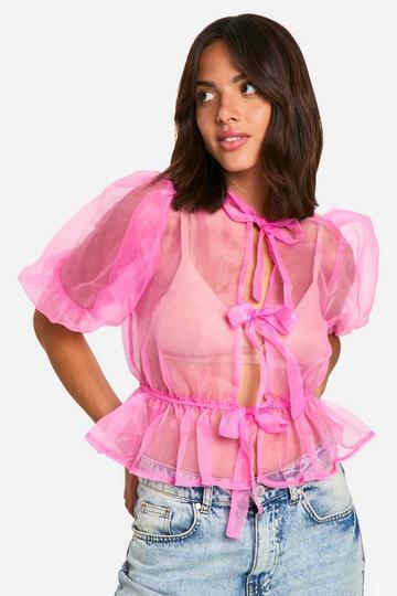 Organza Tie Front Puff Sleeve Top candy pink