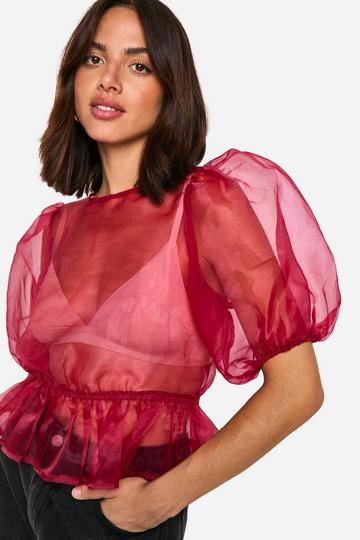 Organza Tie Back Puff Sleeve Top raspberry