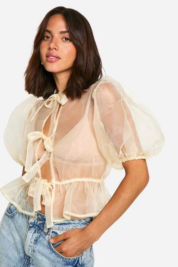 Organza Tie Front Puff Sleeve Top butter