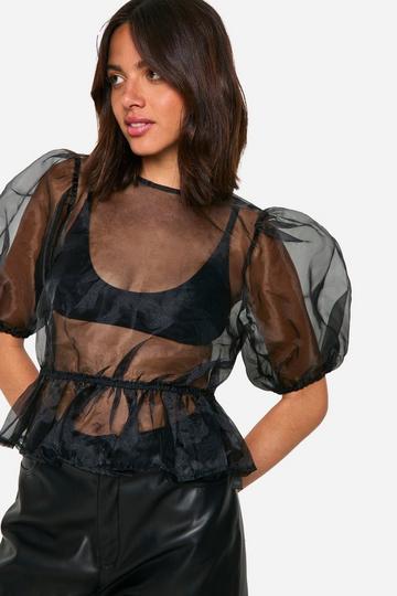 Organza Tie Back Puff Sleeve Top black