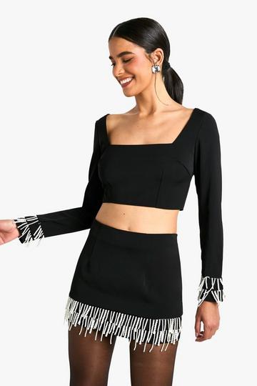 Pearl Trim Detail Square Neck Top black