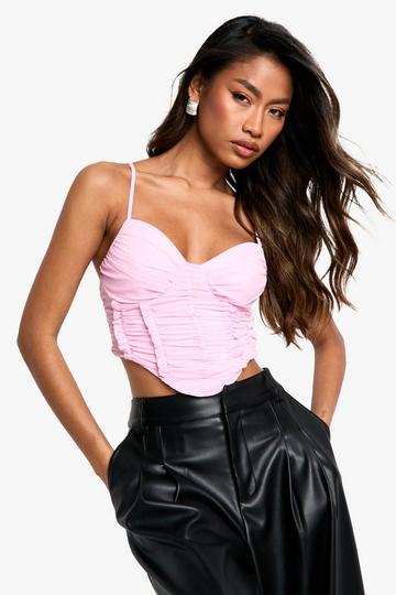 Mesh Ruched Panel Cropped Corset Top pink