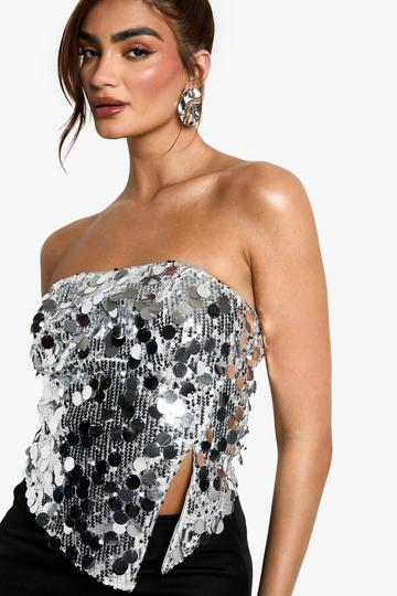 Mixed Sequin Split Hem Bandeau Top silver