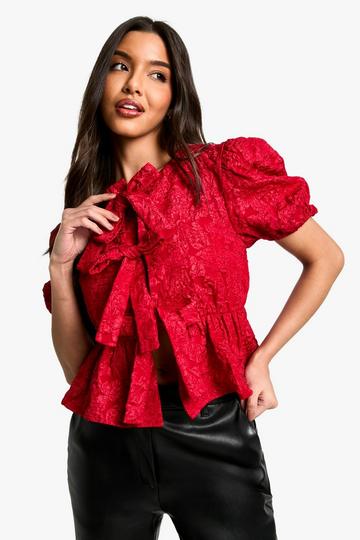 Gesmokte Jacquard Bloemenprint Top Met Strik En Pofmouwen red