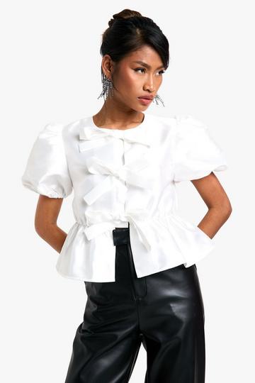 Taffeta Tie Front Puff Sleeve Smock Top ivory