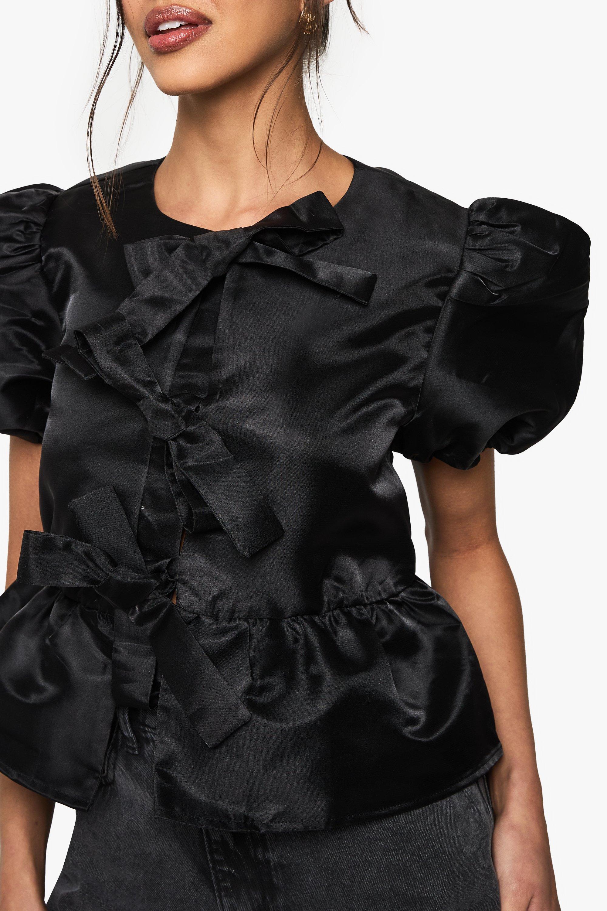Taffeta Tie Front Puff Sleeve Smock Top boohoo IE
