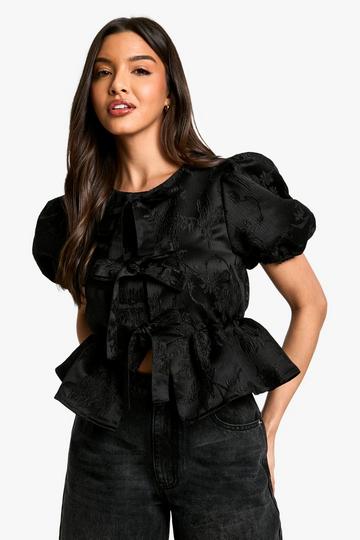 Jacquard Tie Front Puff Sleeve Smock Top black