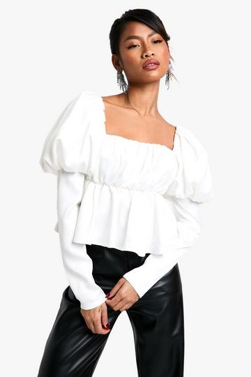 Satin Puff Sleeve Ruched Bust Smock Top ivory