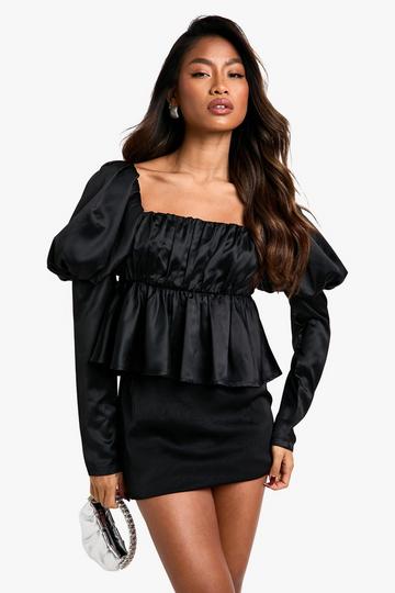 Satin Puff Sleeve Ruched Bust Smock Top black