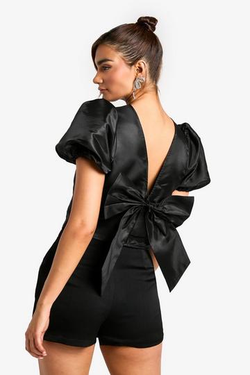 Black Taffeta Puff Sleeve Tie Back Top