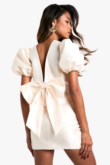 Taffeta Puff Sleeve Tie Back Top champagne