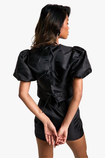 Taffeta Tie Back Puff Sleeve Top black