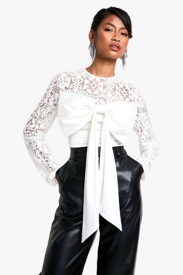 Lace And Satin Mix Bow Detail Crop Top ivory