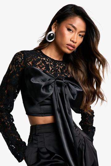 Lace And Satin Mix Bow Detail Crop Top black