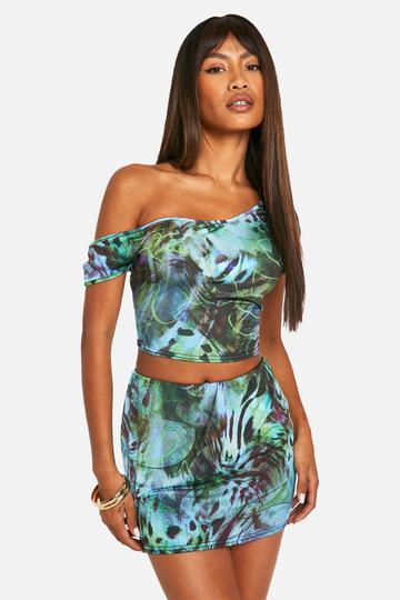 Blue Tropical Printed Slinky Mid Rise Mini Skirt