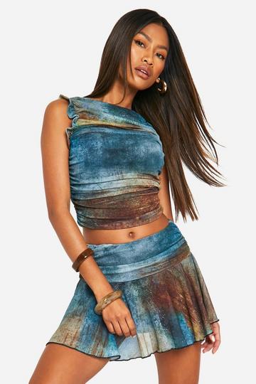 Blue Foldover Mesh Smudge Print Mini Skirt