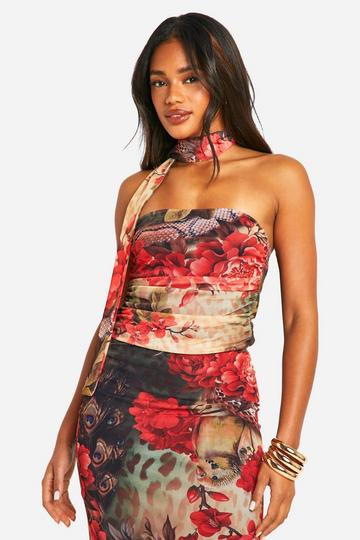 Hawaiian Print Mesh Choker Tie Top red