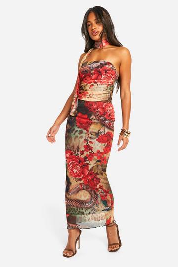 Tropical Print Mesh Midi Skirt red