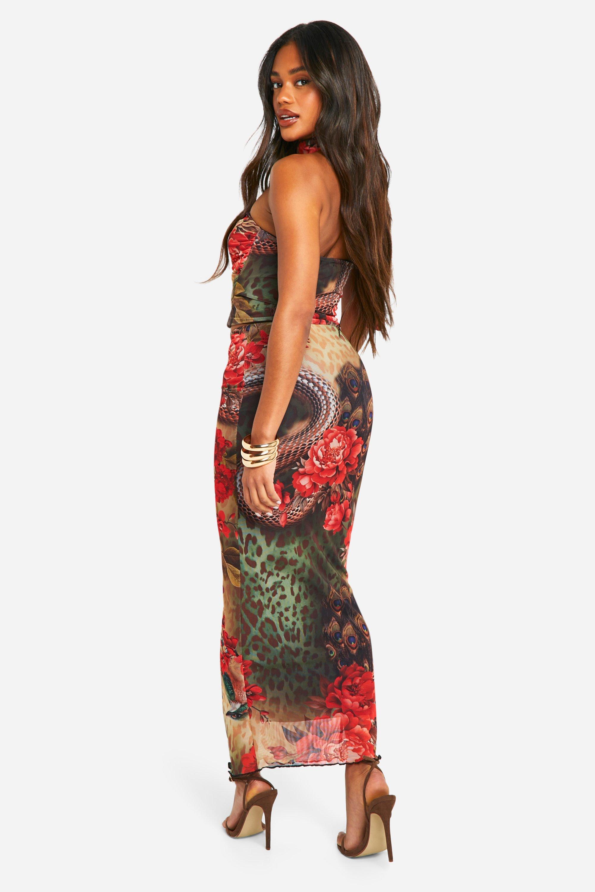 boohoo Hawaiian Print Mesh Midi Skirt Red Size 4