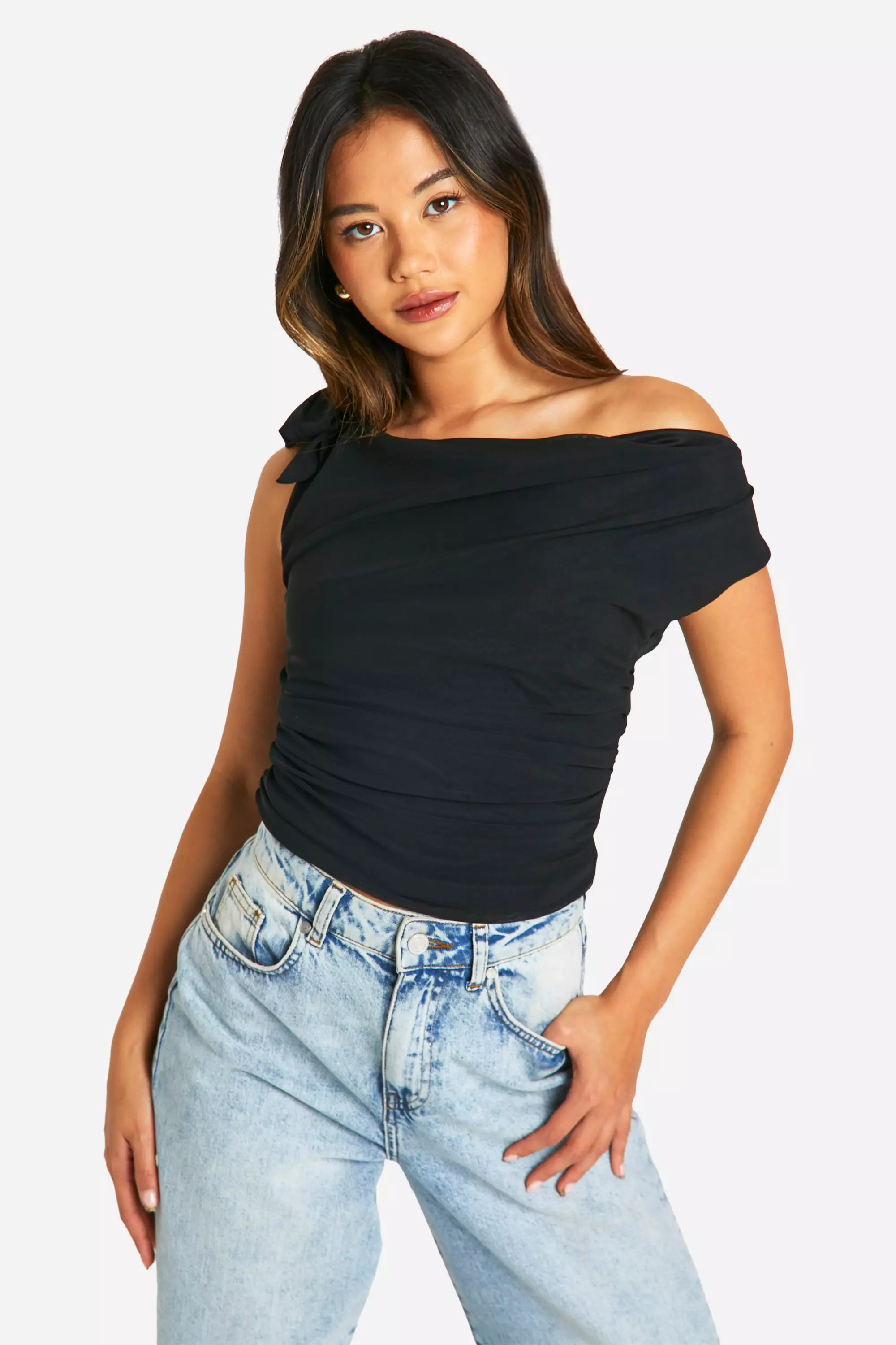 Black Mesh Tie Shoulder Drape Front Top alternative image
