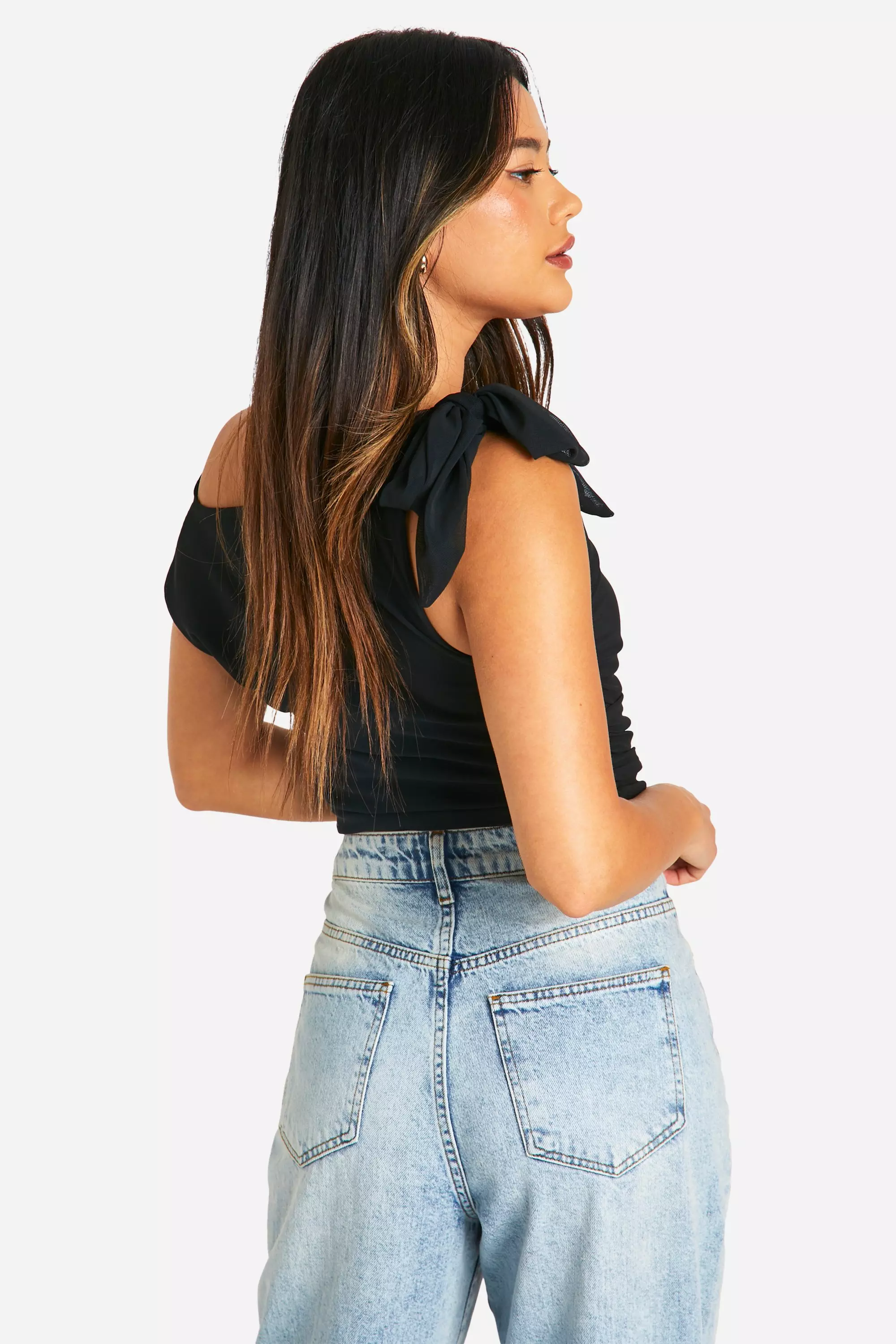 Black Mesh Tie Shoulder Drape Front Top alternative image