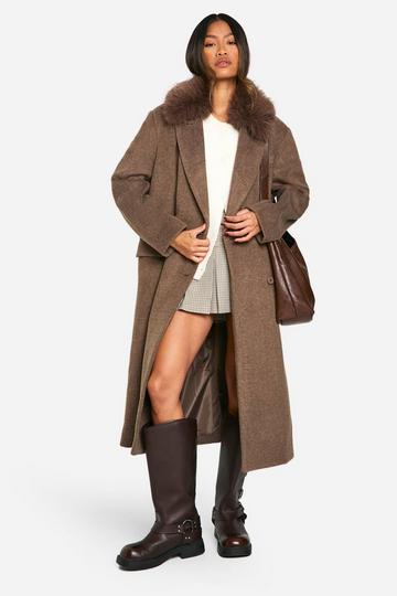 Faux Fur Trim Oversized Double Breasted Wool Look Coat mushroom