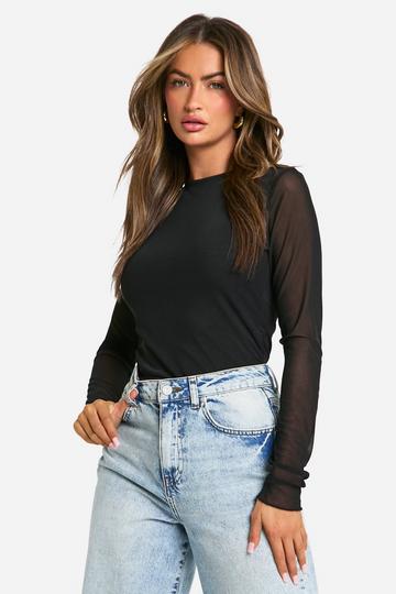 Mesh Open Back Long Sleeve Top black